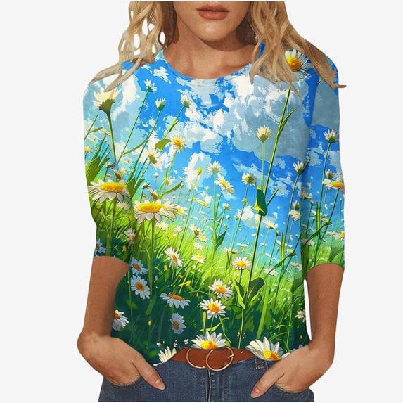 Women's 3/4 Sleeve Tunic Tops Loose Fit Flowy Y2K Tops Dressy Casual Gradient Floral Print Shirts Fashion Vintage Summer Clothes Round Neck Blouse Spring Elegant Shirts Light Blue T Shirts L
