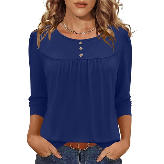 Women's 3/4 Sleeve Tunic Tops Round Neck Basic Tee Tops Dressy Casual Pleated Business Work Blouses T-Shirt Blue S