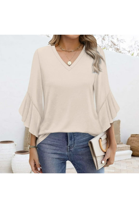 Women's 3/4 Sleeve V-Neck Blouse - Flared Sleeve Casual Tops with Polyester-Rayon Blend, Business Casual & Beach Vacation Shirts Beige S-2XL
