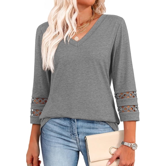 Women's 3/4 Sleeve V Neck Blouse - Trendy Casual Top with Cutout Cuffs, Soft Fabric for Summer Daily and Dressy Occasions