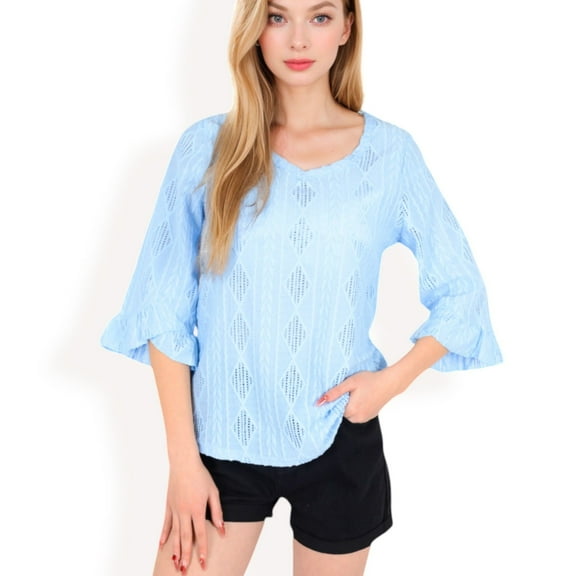 Women's 3/4 Sleeve V-Neck Blouse with Geometric Eyelet Pattern- Light Blue,Large
