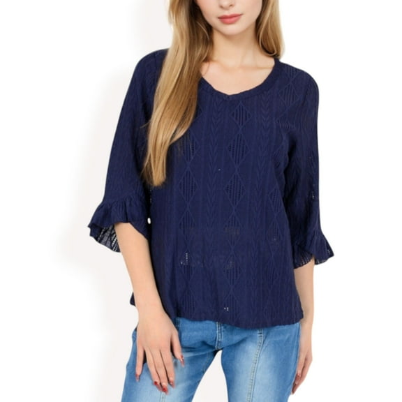 Women's 3/4 Sleeve V-Neck Blouse with Geometric Eyelet Pattern- Navy,Medium