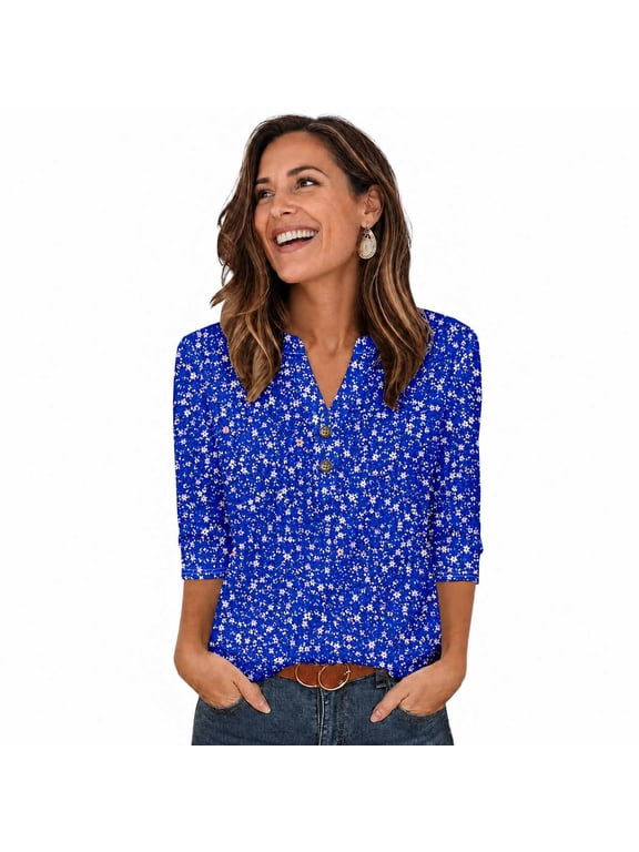 Women's 3/4 Sleeve V Neck Button Casual Printed Blouse Top