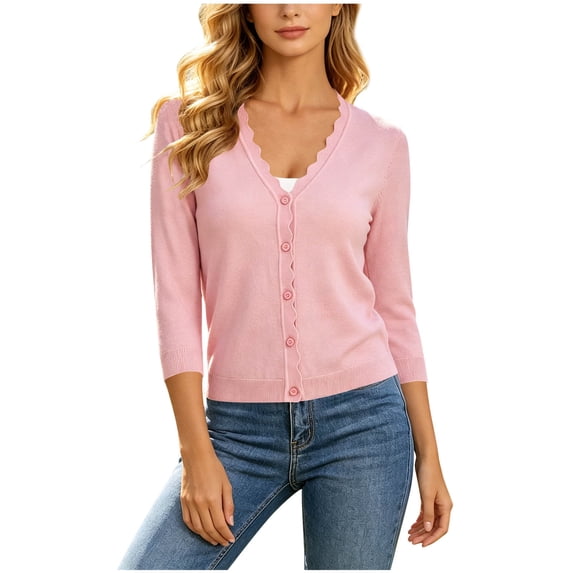 Women's 3/4 Sleeve V Neck Button Down Lightweight Cardigan Sweater Open Front Dressy Shrugs Spring Fashion Pink XL(XL)