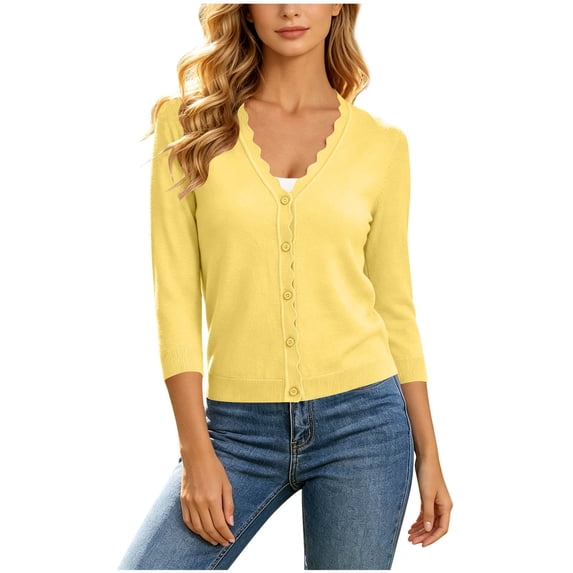 Women's 3/4 Sleeve V Neck Button Down Lightweight Cardigan Sweater Open Front Dressy Shrugs Spring Fashion Yellow XL(XL)