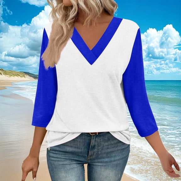 Women's 3/4 Sleeve V-Neck Casual Blouse in Soft Stretch Fabric for Everyday Wear