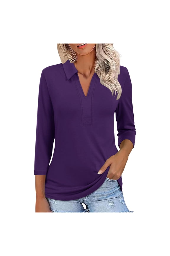 Women's 3/4 Sleeve V-Neck Collared Polo Shirt for Summer Business Casual Workwear Lightweight Comfortable Office Top from 2025 Fashion Tops