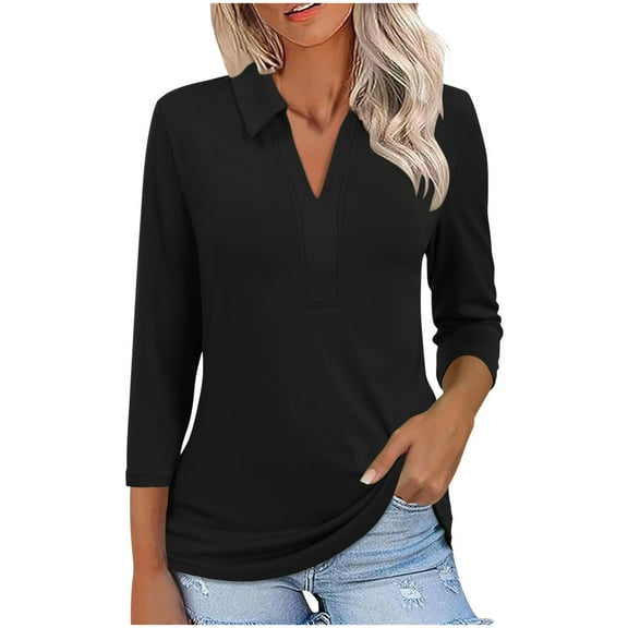 Women's 3/4 Sleeve V-Neck Collared Polo Shirt for Summer Business Casual Workwear Lightweight Comfortable Office Top from 2025 Fashion Tops