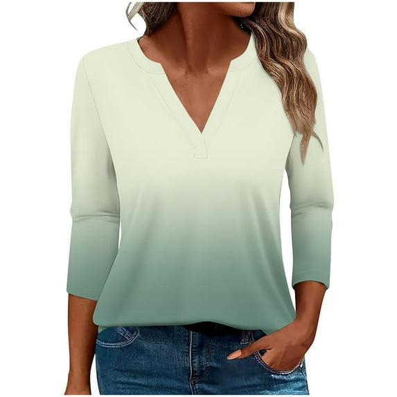 Women's 3/4 Sleeve V-Neck Collared Tops Fall Dressy Summer Tops Gradient Color Trendy Loose Fit Work Blouses