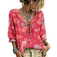 thumbnail image 1 of Women's 3/4 Sleeve V Neck Floral Print Ruffle Blouses Tie Front Flowy Boho Tops Lightweight Woven Casual Shirts Trendy 2026 Summer Beach Outfits Red S, 1 of 5