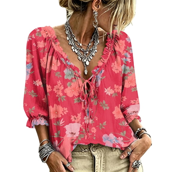 Women's 3/4 Sleeve V Neck Floral Print Ruffle Blouses Tie Front Flowy Boho Tops Lightweight Woven Casual Shirts Trendy 2026 Summer Beach Outfits Red S