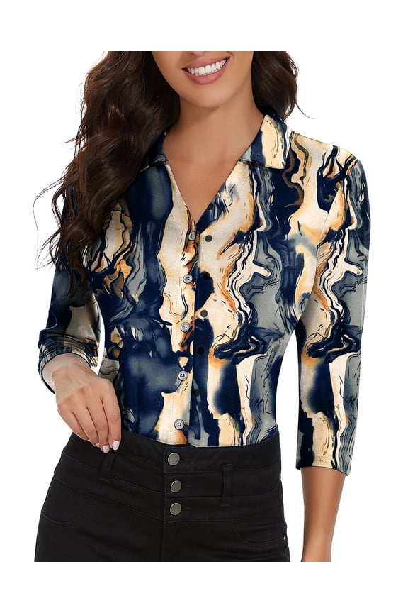 Women’s 3/4 Sleeve V-Neck Collared Polo Shirt Button Down Shirt Business Work Blouses