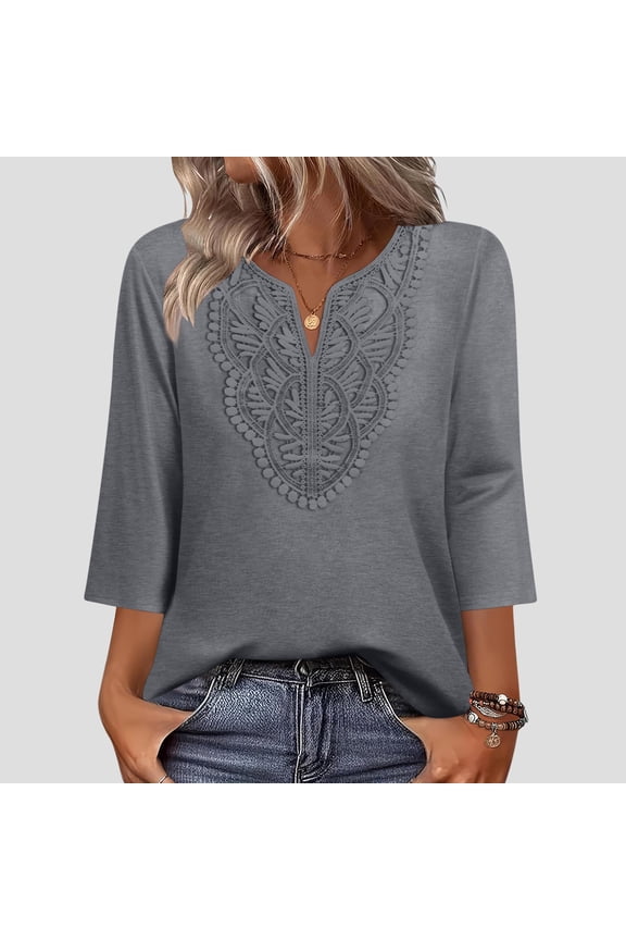 Women's 3/4 Sleeve V-Neck Lace Blouse, Boho Chic Top for Casual and Dressy Occasions