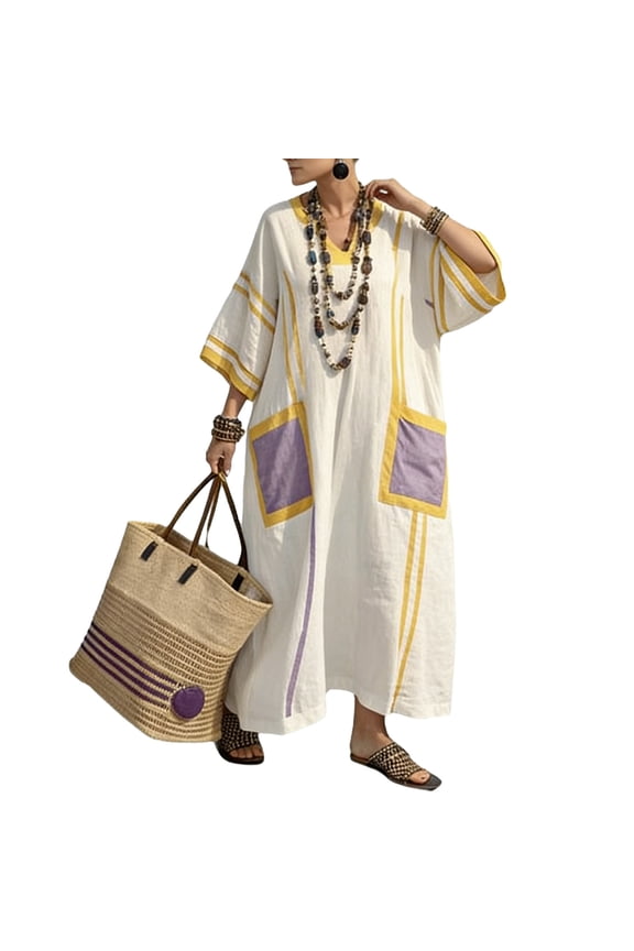 Women’s 3/4 Sleeve V-Neck Maxi Dresses Striped Loose Long Dresses Flowing Drape for Casual Vacation Wear Cover Up Sundress