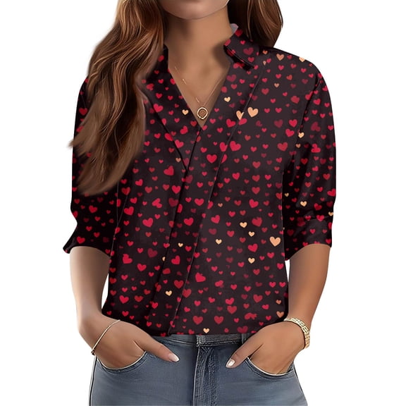 Women's 3/4 Sleeve V-Neck Printed Workwear Shirt with Regular Collar, Casual Professional Top for Work and Weekend Outfits,Deep Red,L