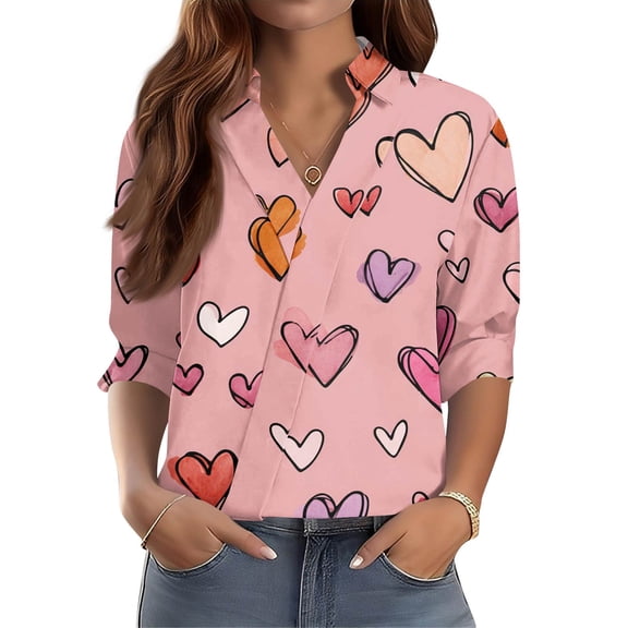 Women's 3/4 Sleeve V-Neck Printed Workwear Shirt with Regular Collar, Casual Professional Top for Work and Weekend Outfits,Light pink,L