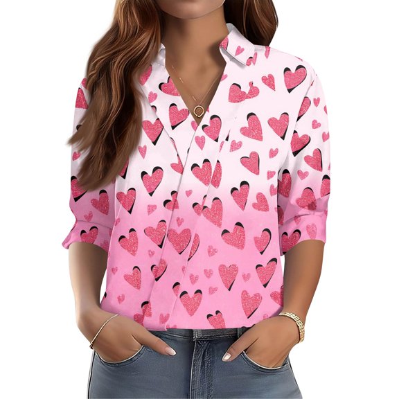 Women's 3/4 Sleeve V-Neck Printed Workwear Shirt with Regular Collar, Casual Professional Top for Work and Weekend Outfits,Multicolor,2XL