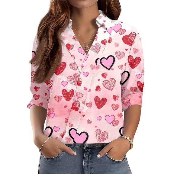 Women's 3/4 Sleeve V-Neck Printed Workwear Shirt with Regular Collar, Casual Professional Top for Work and Weekend Outfits,Pink,L
