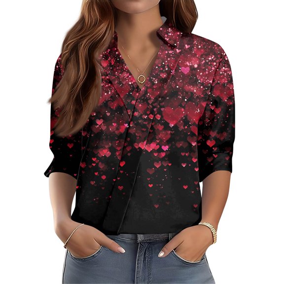 Women's 3/4 Sleeve V-Neck Printed Workwear Shirt with Regular Collar, Casual Professional Top for Work and Weekend Outfits,Wine,L