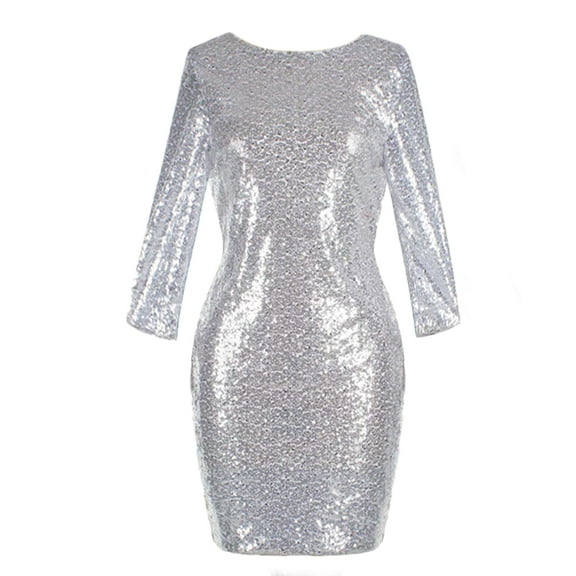 Women's 3/4 Sleeve V Neck Sequin Sparkle Glitzy Glam Wedding Party Dress Flapper Evening Club Cocktail Bodycon Clubwear S Silver