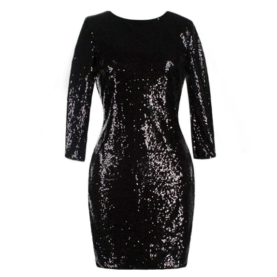 Women's 3/4 Sleeve V Neck Sequin Sparkle Glitzy Glam Wedding Party Dress Flapper Evening Club Cocktail Bodycon Clubwear XL Black