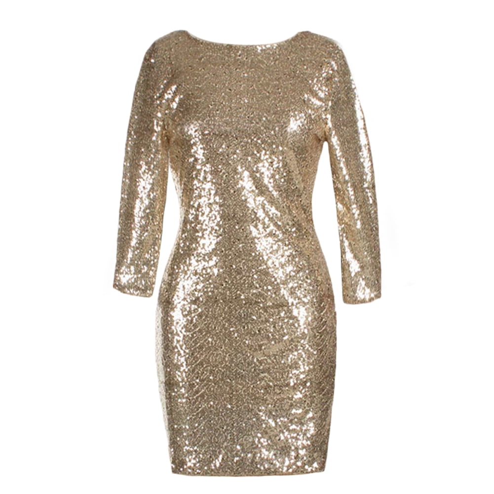 3 4 sleeve sequin cocktail dress Ibtom Castle Women's 3/4 Sleeve V Neck Sequin Sparkle Glitzy Glam Wedding Party Dress Flapper Evening Club Cocktail Bodycon Clubwear XXL Gold, Size: