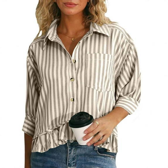 Women's 3/4 Sleeve V-Neck Striped Button-Up Casual Shirt for Comfortable Everyday Wear