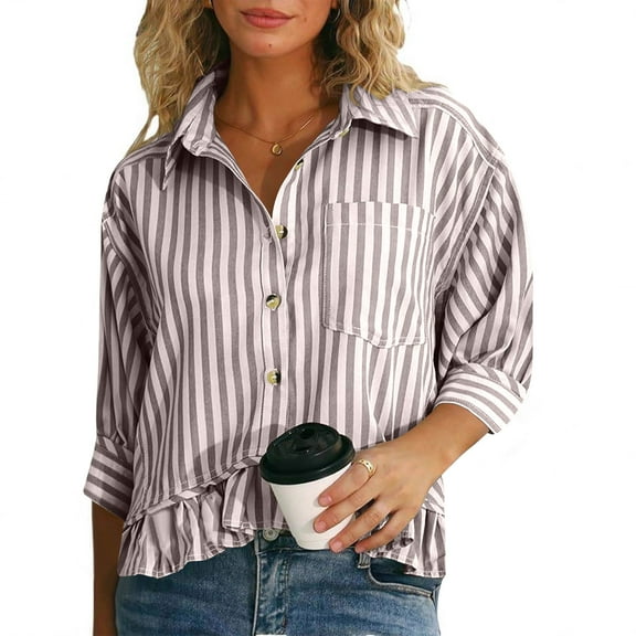 Women's 3/4 Sleeve V-Neck Striped Button-Up Casual Shirt for Comfortable Everyday Wear