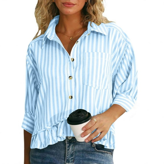 Women's 3/4 Sleeve V-Neck Striped Button-Up Casual Shirt for Comfortable Everyday Wear