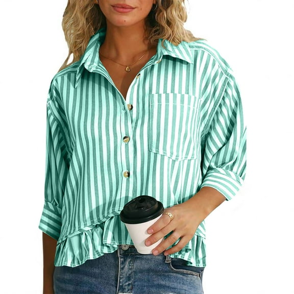 Women's 3/4 Sleeve V-Neck Striped Button-Up Casual Shirt for Comfortable Everyday Wear
