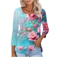 thumbnail image 1 of Women's 3/4 Sleeve V Neck T Shirts Floral Graphic Print Casual Base Tee Tshirts for Women Fall Summer Spring (2XL, Blue 01), 1 of 6