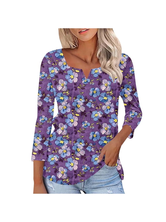 Women's 3/4 Sleeve V Neck T Shirts Floral Graphic Print Casual Base Tee Tshirts for Women Fall Summer Spring (L, Purple)