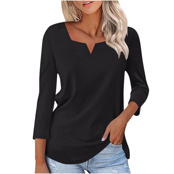 Women's 3/4 Sleeve V Neck T Shirts Floral Graphic Print Casual Base Tee Tshirts for Women Fall Summer Spring (M, Black|Solid)