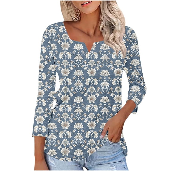 Women's 3/4 Sleeve V Neck T Shirts Floral Graphic Print Casual Base Tee Tshirts for Women Fall Summer Spring (S, Gray)