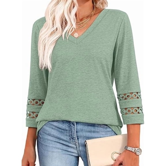 Women’s 3/4 Sleeve V-Neck Top Lace-Trimmed Cuffs Bohemian Blouses Summer Fall Casual Loose Fit Basic Tunic Tops Vacation Clothes