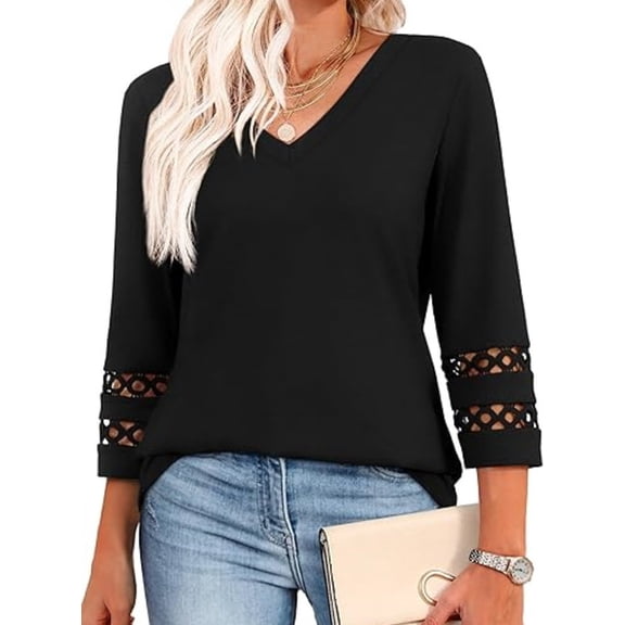 Women’s 3/4 Sleeve V-Neck Top Lace-Trimmed Cuffs Bohemian Blouses Summer Fall Casual Loose Fit Basic Tunic Tops Vacation Clothes