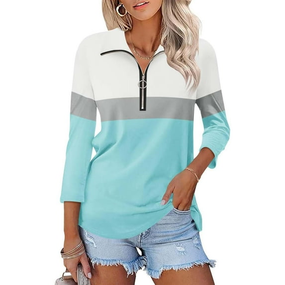 Women's 3/4 Sleeve V Neck Zippered Collar Shirt Sweatshirt Curved Top Woman Blouse plus Size Womens plus Size Shirts Ladies Lace Tops plus Size Crop Tops for Women 4x Womens 4xl Tops Woman Graphic