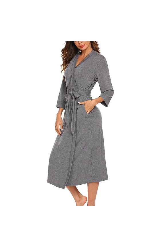 Women's 3/4 Sleeve Wrap Robe Tie Waist Pocket Soft Knit Midi Robe for Bedroom All Season Loungewear Bathrobes Gray XXL