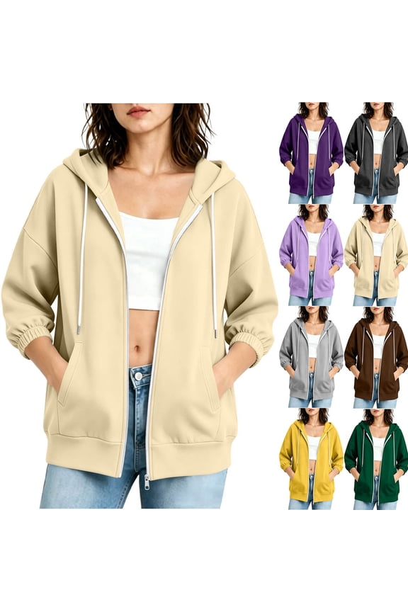 Women's 3/4 Sleeve Zip up Jacket Drawstring Hooded Coat with Elastic Cuffs Casual Loose Fit Solid Color Plus Size Jackets Yellow