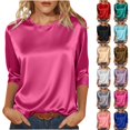thumbnail image 1 of Women's 3/4 Sleeves Shirts Tops Plus Size Top Clothes for Women Satin Round-Neck Solid Pullover Top, 1 of 9