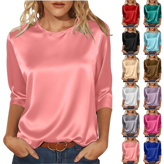 Women's 3/4 Sleeves Shirts Tops Plus Size Top Clothes for Women Satin Round-Neck Solid Pullover Top