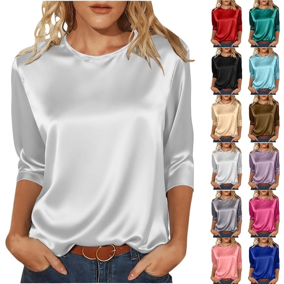 Women's 3/4 Sleeves Shirts Tops Plus Size Top Clothes for Women Satin Round-Neck Solid Pullover Top