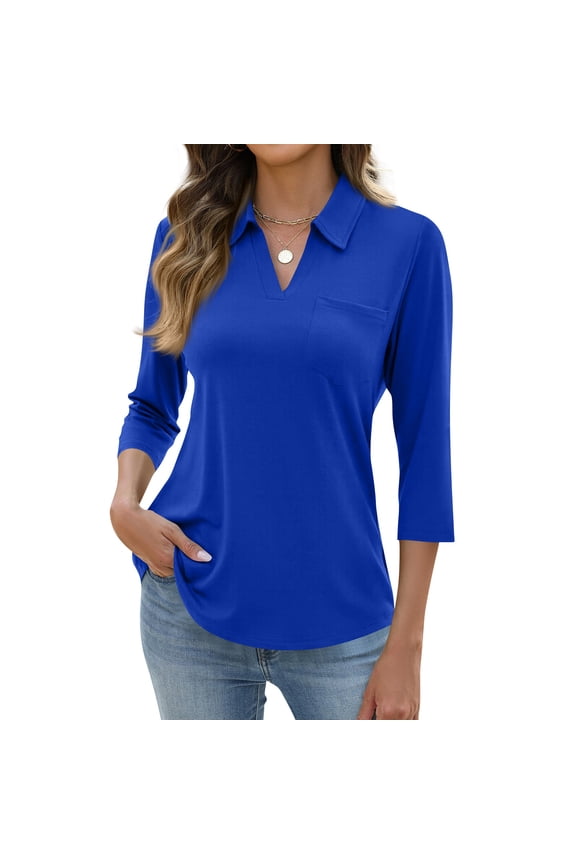 Women's 3/4 Sleeves V Neck Polo Shirts Casual Summer Tops Basic Collar Cute Tees Blue 2XL