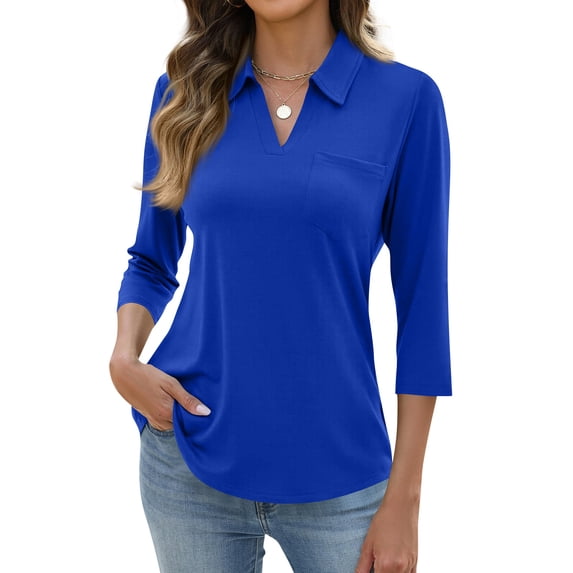 Women's 3/4 Sleeves V Neck Polo Shirts Casual Summer Tops Basic Collar Cute Tees Blue 3XL