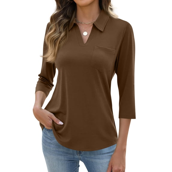 Women's 3/4 Sleeves V Neck Polo Shirts Casual Summer Tops Basic Collar Cute Tees Brown L