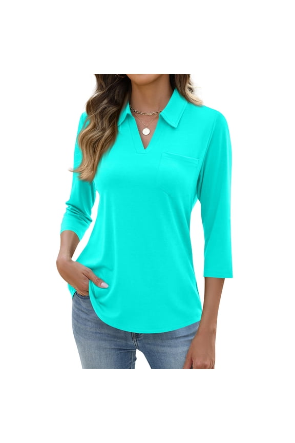 Women's 3/4 Sleeves V Neck Polo Shirts Casual Summer Tops Basic Collar Cute Tees Turquoise M