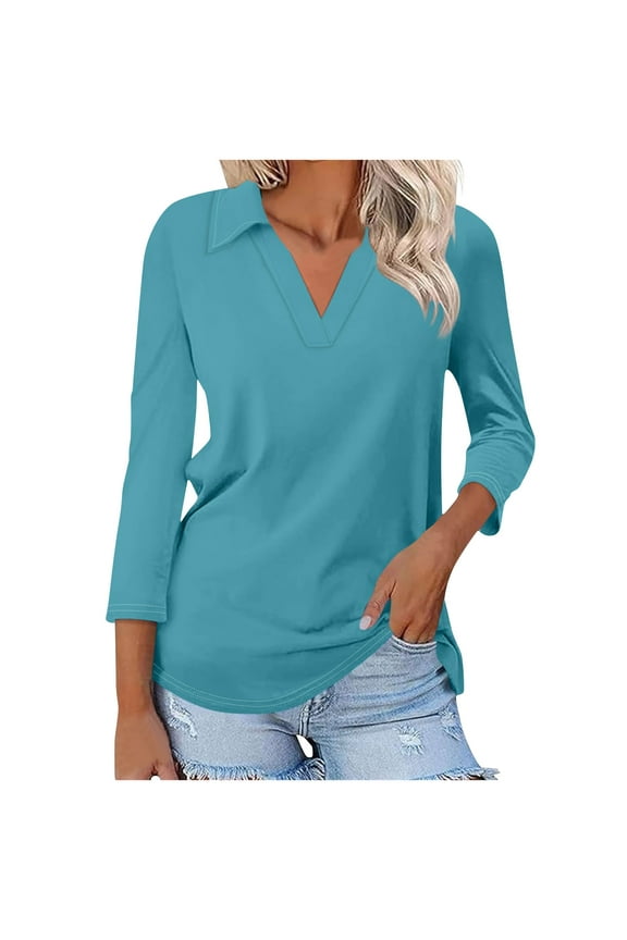 Women's 3/4 Sleeves V Neck Polo Shirts Casual Summer Tops Basic Collar Cute Tees