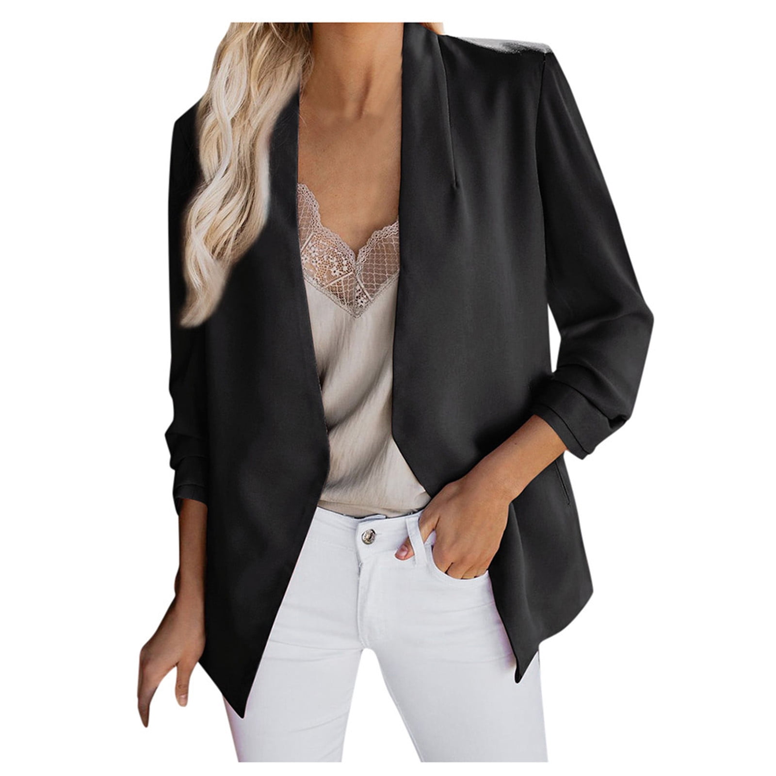 Unique Bargains Women's Notched Lapel Ruched Sleeve Jackets