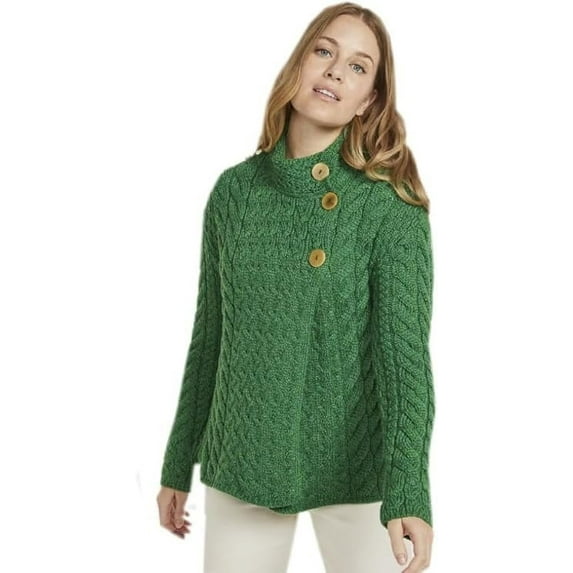 Women's 3 Button Aran Cable Knit Irish Wool Sweater