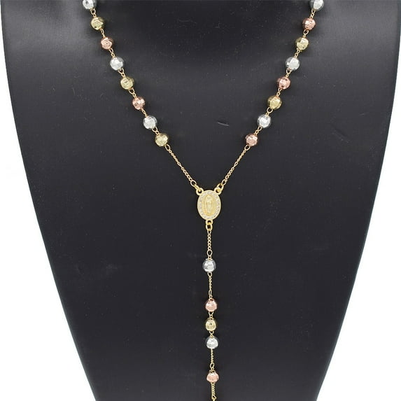 Women's 3 Colors Beads Religious Rosary Cross Charm Y Necklace Chain 24 inches length 18kt Gold Plated - Prayer Virgin De Guadalupe Rosario Crucifijo